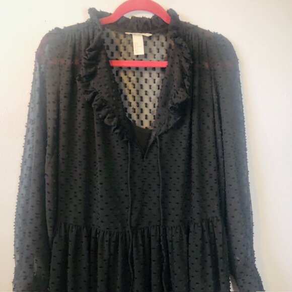 H&M Babydoll Dress SIZE 2 Black Sheer Swiss Dot Ruffle Collar Tie Neck T… - Picture 4 of 11